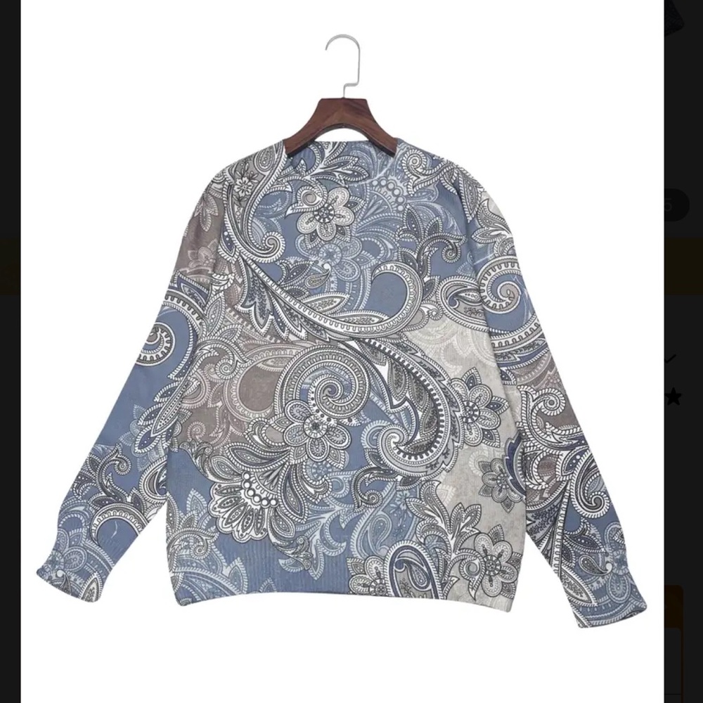 Blue Gray Paisley Statement Sweater Crewneck Allover Print - Picture 5 of 16
